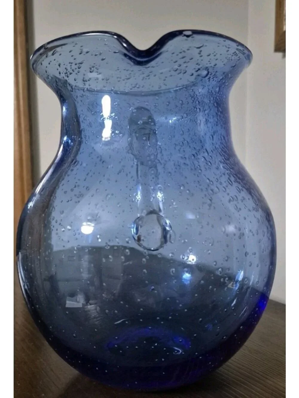 Tag LTD Cobalt Blue Bubble Glass Pitcher Hand Blown Clear Handle 96 oz.